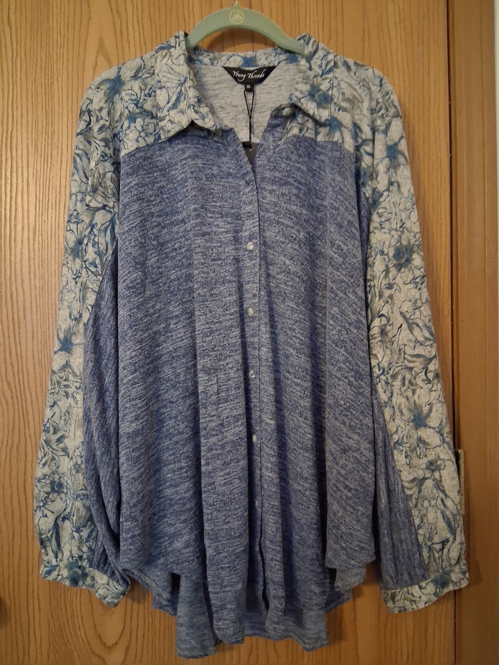 Young Threads Blue Mixed-Media Button-Down Shirt Sz XL